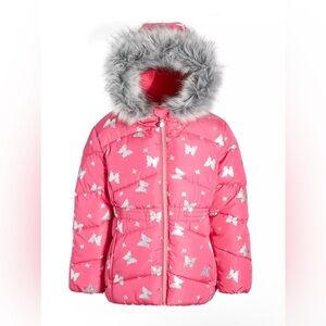 Pink Butterfly Puffer Jacket with Faux Fur Hood